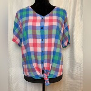 Style & Co cotton blend bold multicolor plaid short sleeve blouse tie front L